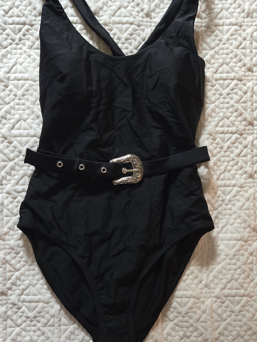 Women's Black One-Piece Swimsuit with Decorative Silver Buckle Belt